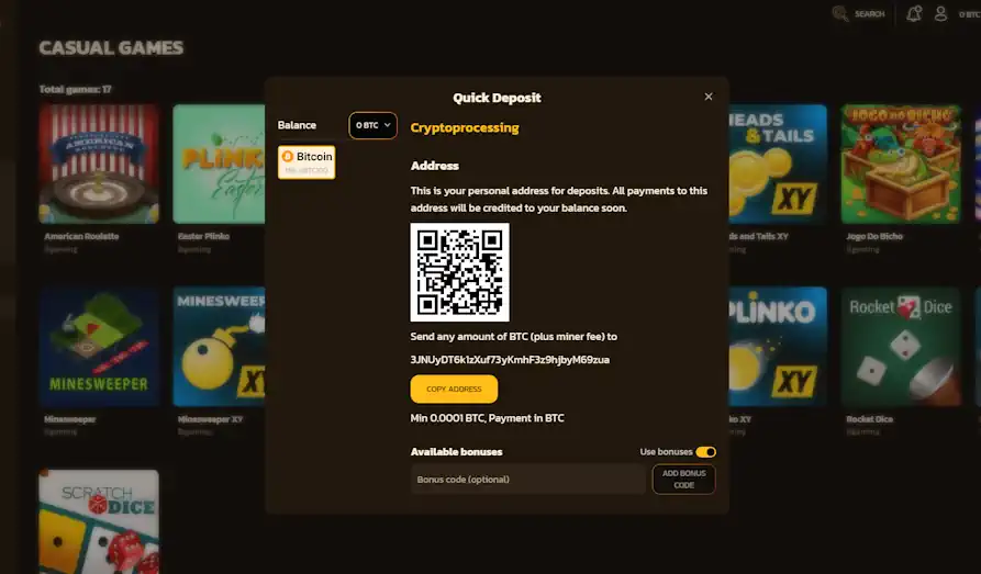 Bitcoin Games Casino wallet Landscape screenshot image #1 for Bitcoin Games