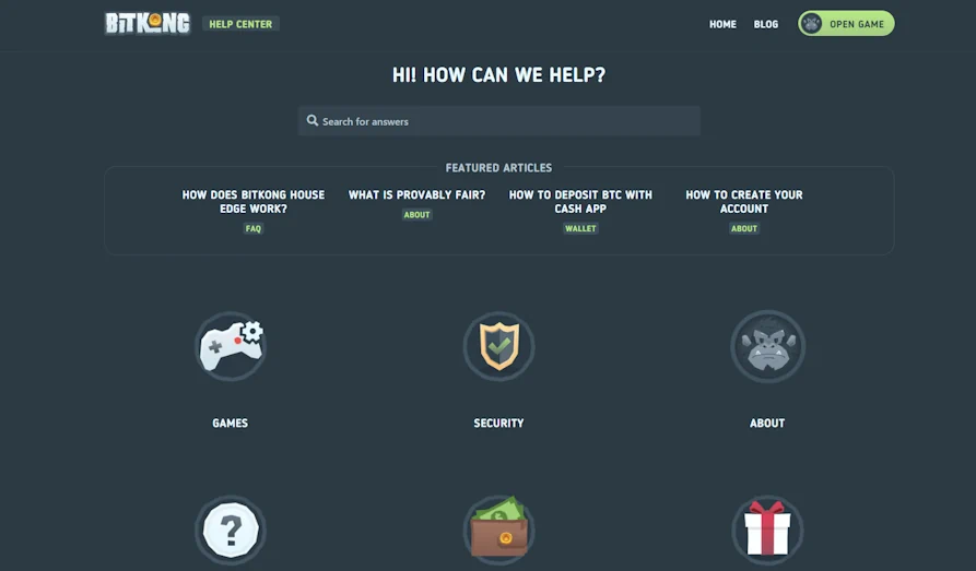 BitKong Casino help centre Landscape screenshot image #1 for BitKong Casino