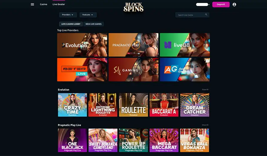 Blockspins Live Casino Games Screenshot image #2 for Blockspins Casino