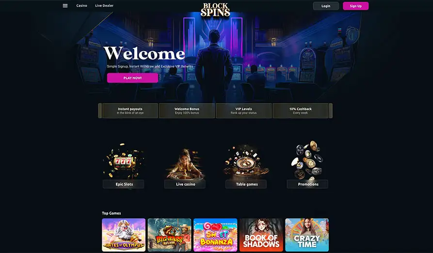 Blockspins Casino Startpage Main screenshot image for Blockspins Casino