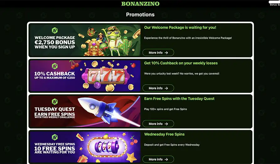 Bonanzino Casino Weekly Bonuses Screenshot image #2 for Bonanzino Casino