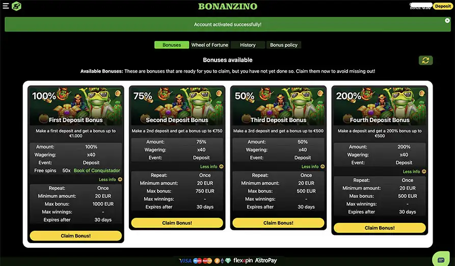 Bonanzino Casino Deposit Bonuses Screenshot image #3 for Bonanzino Casino