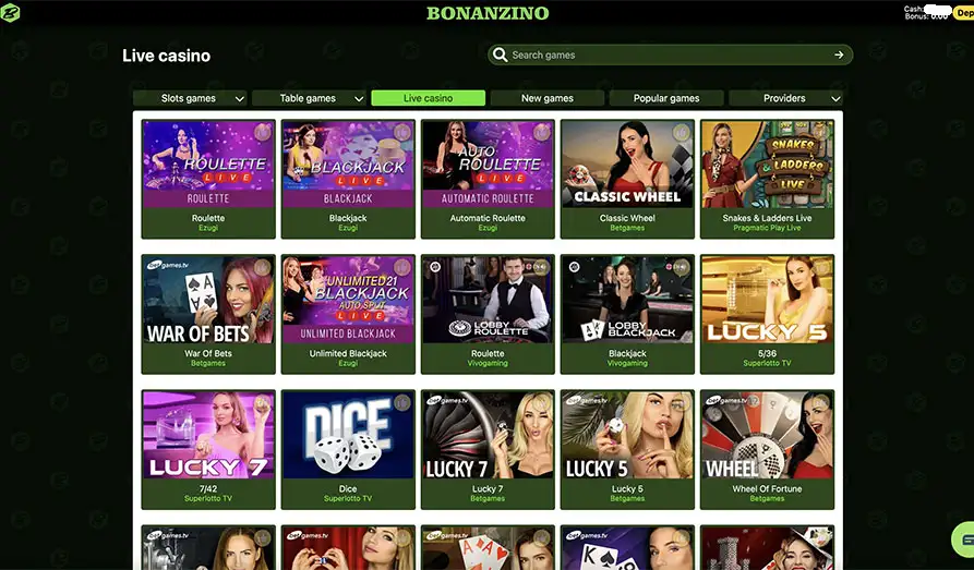 Bonanzino Live Casino Landscape screenshot image #1 for Bonanzino Casino