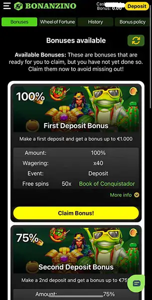 Bonanzino Casino mobile screenshot #3 Mobile Screenshot image #3 for Bonanzino Casino