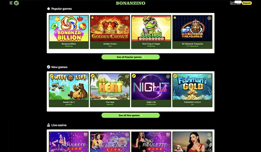 Bonanzino Casino Startpage Main screenshot image for Bonanzino Casino
