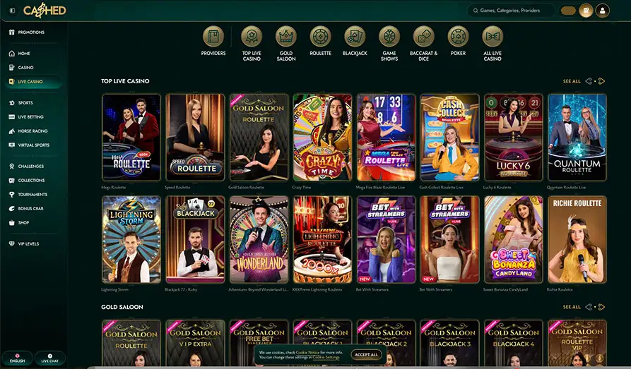 Cashed Live Casino Game Selection Landscape screenshot image #1 for Cashed Casino