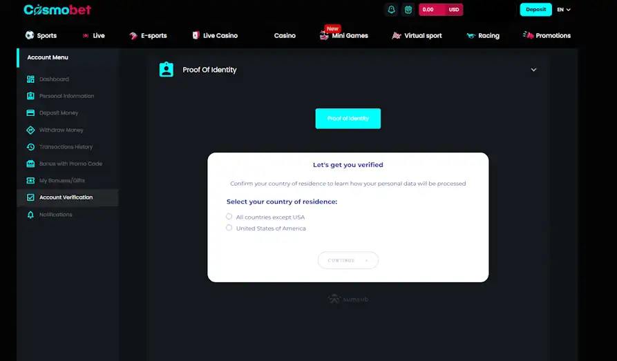 Cosmo Bet Casino verification KYC Landscape screenshot image for Cosmo Bet Casino