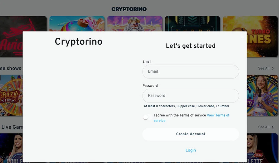 Cryptorino Sign-up - Instant without any KYC KYC Landscape screenshot image for Cryptorino