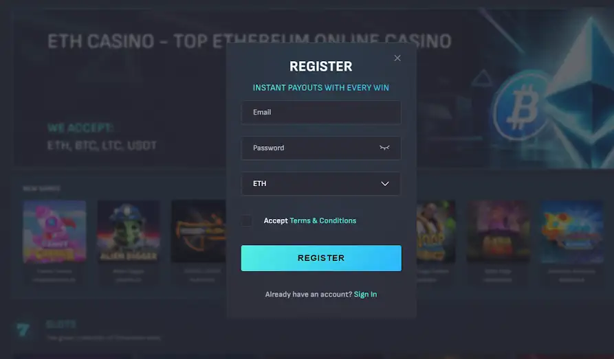 ETH Casino sign up KYC Landscape screenshot image for ETH Casino