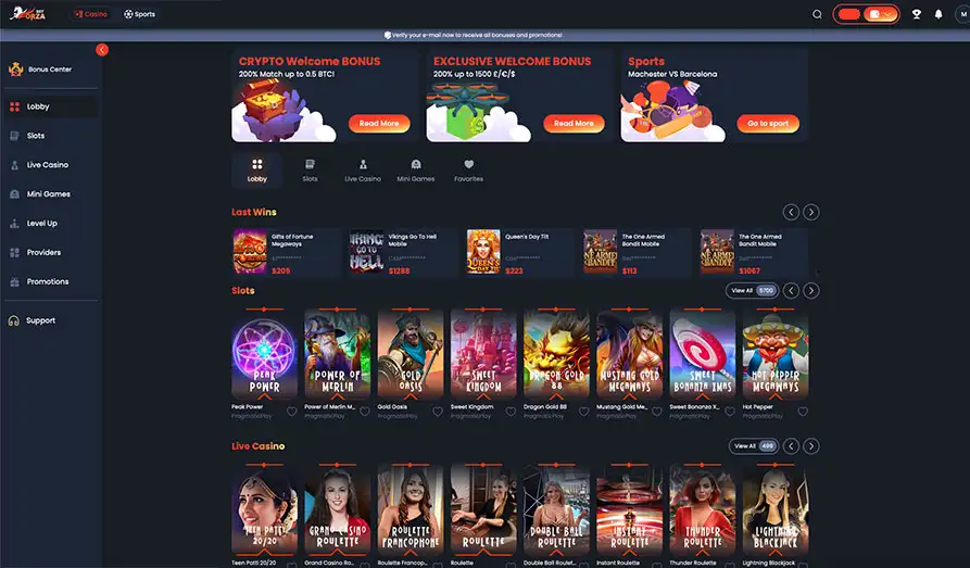 Forza Bet Casino Startpage After Login Main screenshot image for Forza Bet