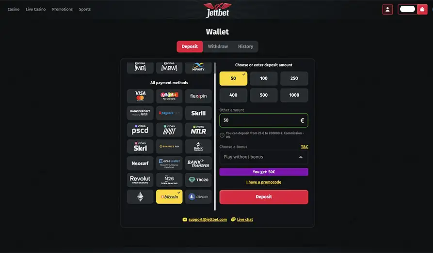 Jett Bet Casino wallet Landscape screenshot image #1 for Jett Bet Casino