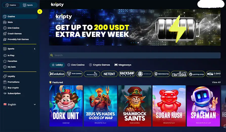 Kripty Casino Startpage Main screenshot image for Kripty Casino