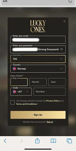 Lucky Ones Mobile Casino Registration KYC Mobile Screenshot for Lucky Ones Casino