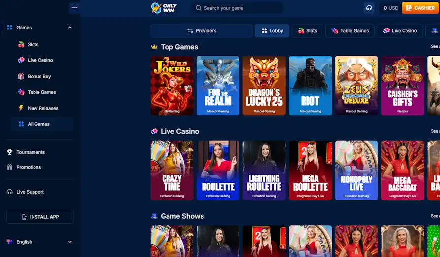 List of Only Win's Casino Games  Landscape screenshot image #1 for Only Win Casino