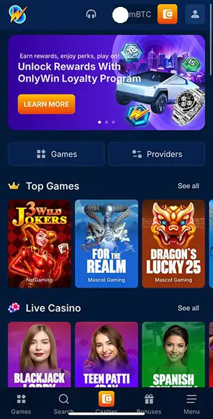 Only Win Casino mobile screenshot #1 Mobile Screenshot image #1 for Only Win Casino