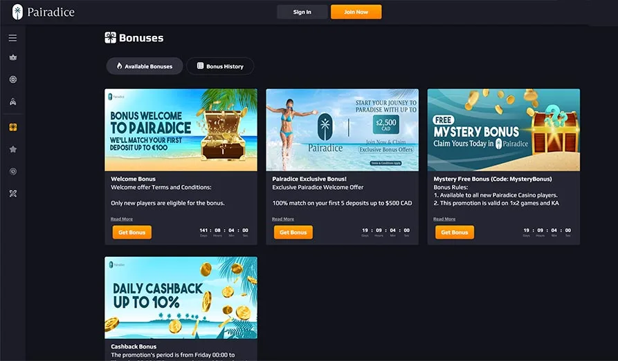 PairaDice Casino Bonuses Screenshot image #3 for Pair-a-Dice