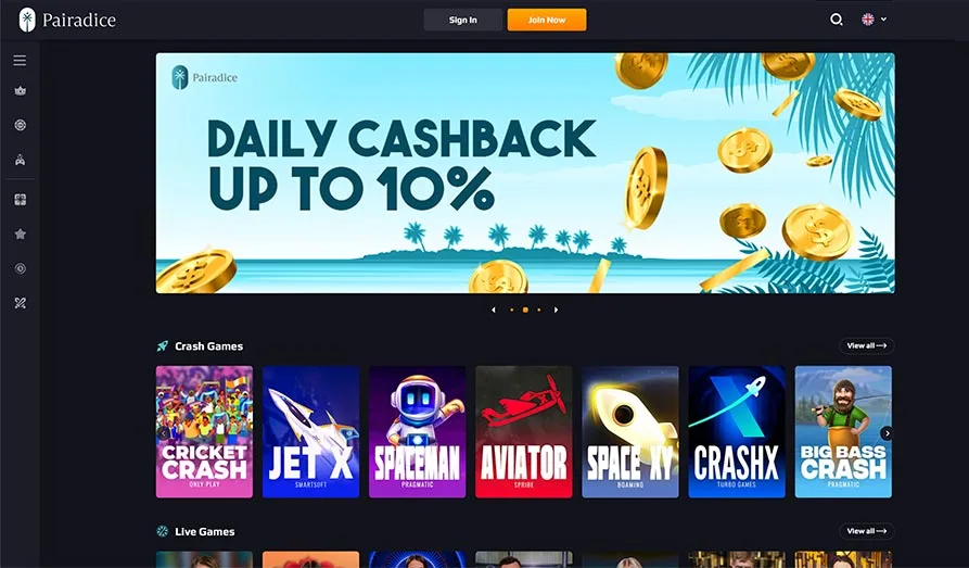PairaDice Casino Startpage Main screenshot image for Pair-a-Dice