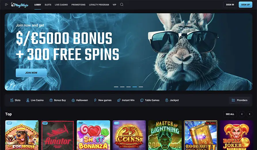 Spin Mojo Casino Startpage Main screenshot image for Play Mojo Casino