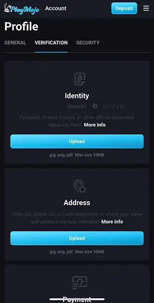 Spin Mojo Casino - Mobile KYC Requirements KYC Mobile Screenshot for Play Mojo Casino