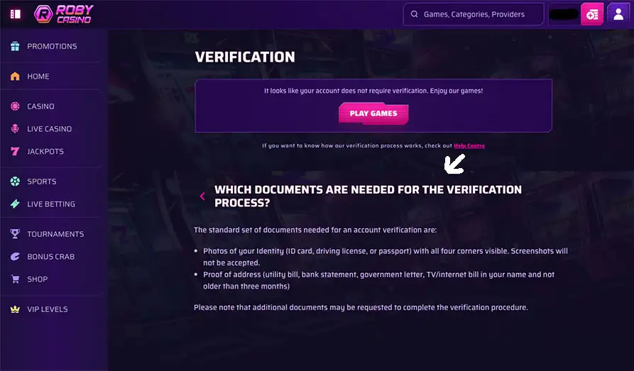 Roby Casino KYC Process & Documents That May Be Needed KYC Landscape screenshot image for Roby Casino