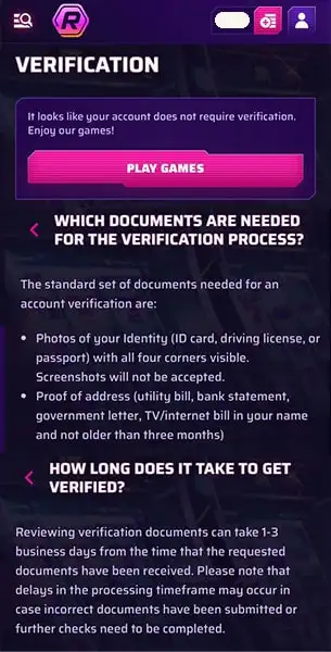 Roby Casino Mobile KYC Process & Requirements KYC Mobile Screenshot for Roby Casino