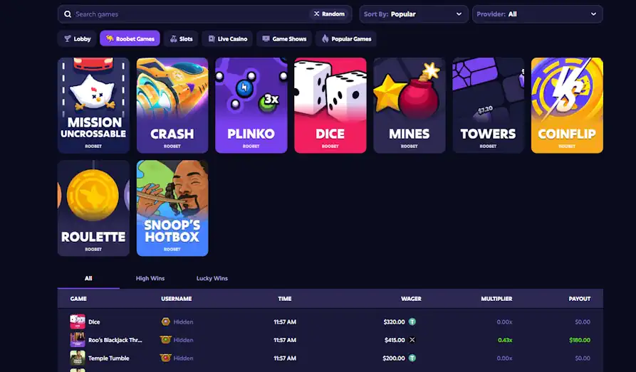 Roobet Casino original games Landscape screenshot image #1 for Roobet Casino