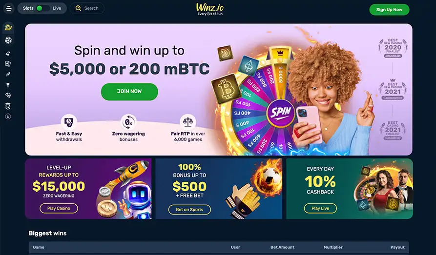 Winz Casino New Homepage Main screenshot image for Winz Casino