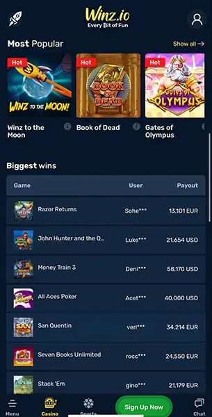 Winz Casino mobile screenshot #3 Mobile Screenshot image #3 for Winz Casino