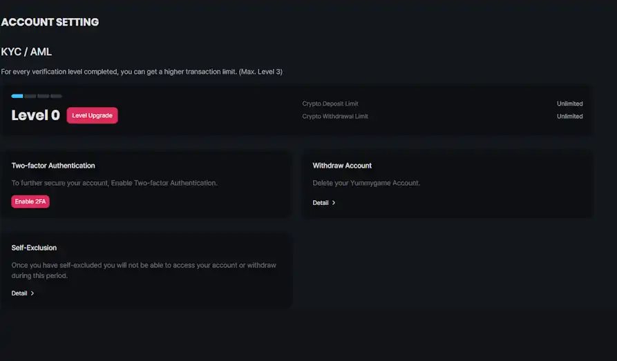 Yummy Game casino sign up KYC Landscape screenshot image for Yummy Game Casino
